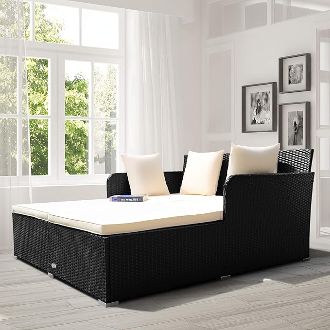 Tangkula Outdoor Rattan Daybed, Wicker Furniture with Spacious Seat, Upholstered Cushion & High-Resilience Sponge, Patio Sofa Set with 4 Pillows, 2-Person Sunbed for Poolside Backyard Garden & Balcony
