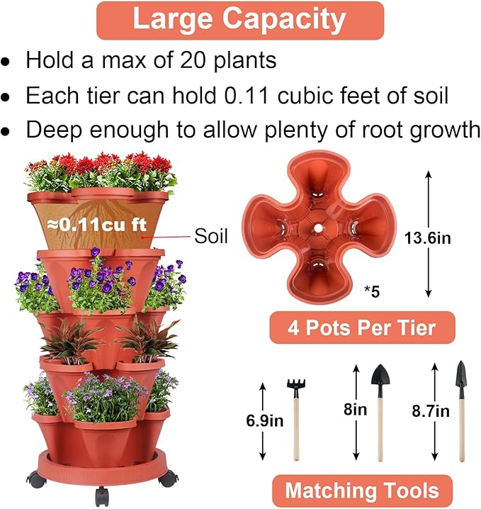 GameXcel Vertical Planter - 5 Tier Stackable Planter-Red