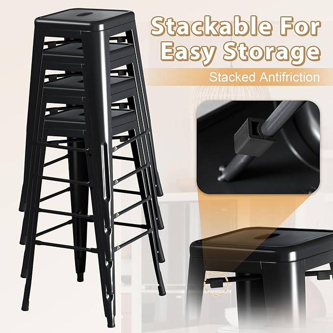 Furmax 30 Inch Metal Bar Stools Set of 4, Counter Height Backless Stools, Industrial Bar Chairs Patio Stool Stackable Backless Stool for Kitchen/Dining Room/Bistro/Patio Indoor Outdoor (Dark Black)
