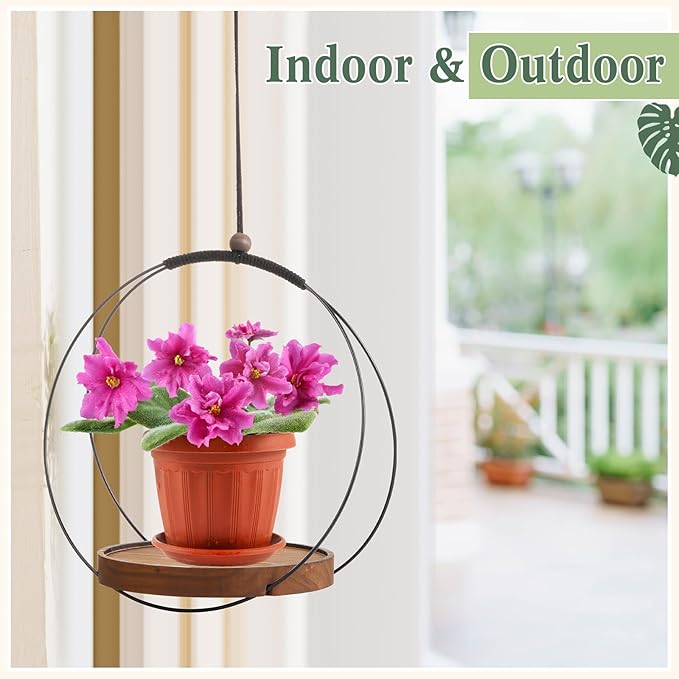 3 Pack Hanging Planters for Indoor Black Plant Hanger with Round Wood Base Large Indoor Hanging Plant Shelf Round Boho Holder Gift for Mom,housewarming
