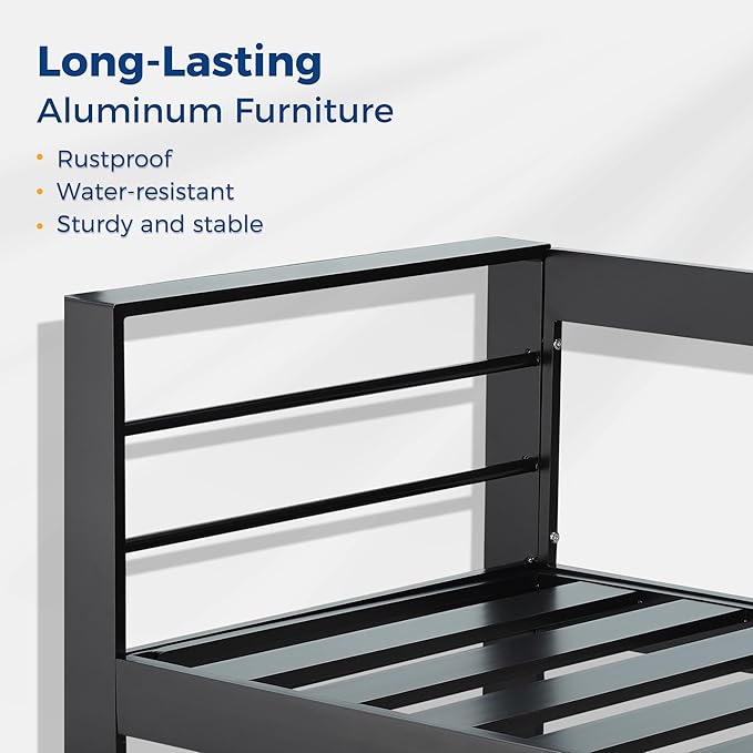 Wisteria Lane Patio Furniture Aluminum Sofa, All-Weather Outdoor 3 Seats Couch, Black Metal Chair with Blue Cushions