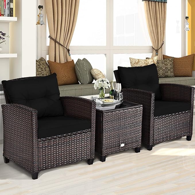 Tangkula 3 Pieces Patio Furniture Set, PE Rattan Wicker 3 Pcs Outdoor Sofa Set w/Washable Cushion and Tempered Glass Tabletop, Conversation Furniture for Garden Poolside Balcony (Black)