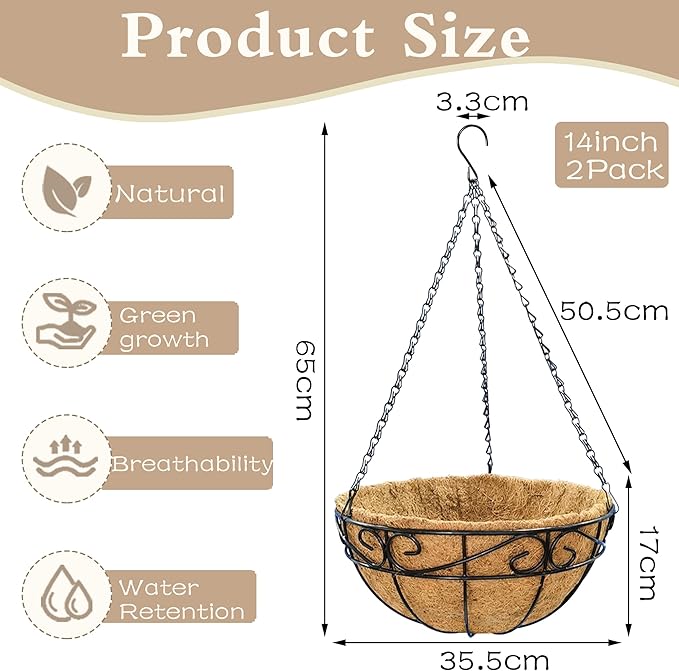 Outdoor Metal Hanging Planters Basket (2pack, 14 inch) Hanging Baskets for Plants Chain Round Wire Plant Holder with Coco Fiber Liners for Garden, Patio, Deck, Porch(Flower Border)