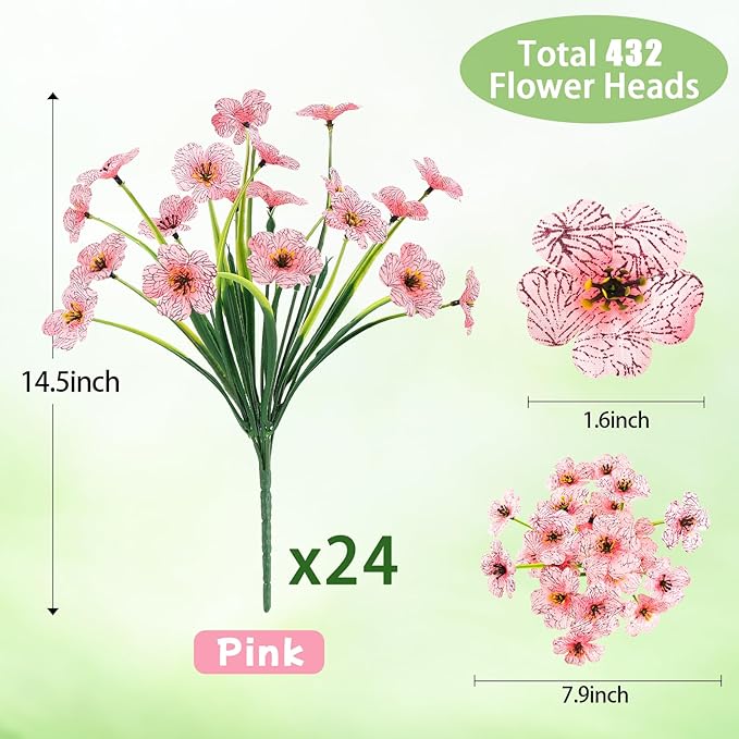 MACTING 24 Bundles Artificial Flowers for Outdoors Fake Flowers UV Resistant Faux Plastic Plants No Fade for Planters Window Box Patio Porch Garden Home Indoor Outdoor Spring Decorations,Pink