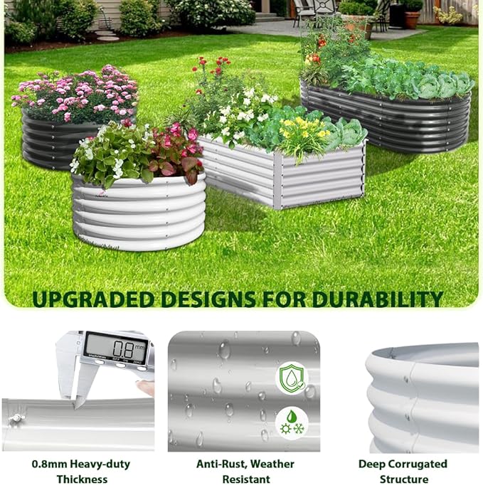 A ANLEOLIFE 6-Set 8X4X2 ft Galvanized Raised Garden Bed Kit, Oval Metal Deep Root Planters for Outdoor Plants, Antique White