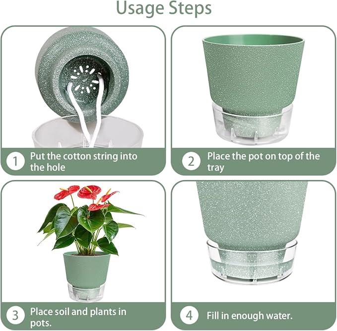 2024 Upgraded 5 Pack 6-Inch Self-Watering Planter Pots with Deep Reservoir for Indoor and Outdoor Plants with Planting Tools (Frosted White)