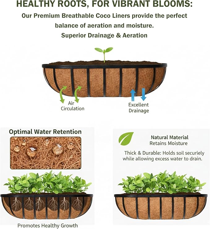 16“ Window Box Railing Planter with Coco Liner Metal Wall-Mounted Coconut Liner Basket English Horse Trough Planter for Outdoor Deck Balcony Porch Fence Patio Black (4 Pack)