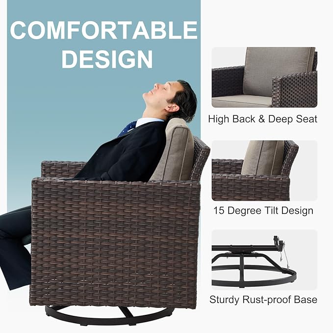 Belord Outdoor Bistro Set 3 Piece Wicker Swivel Rocker Patio Chairs, Oversize Outdoor Rattan Seating Set, Patio Swivel Glider Chairs Wicker Furniture with Metal Side Table for Porch Backyard, Brown