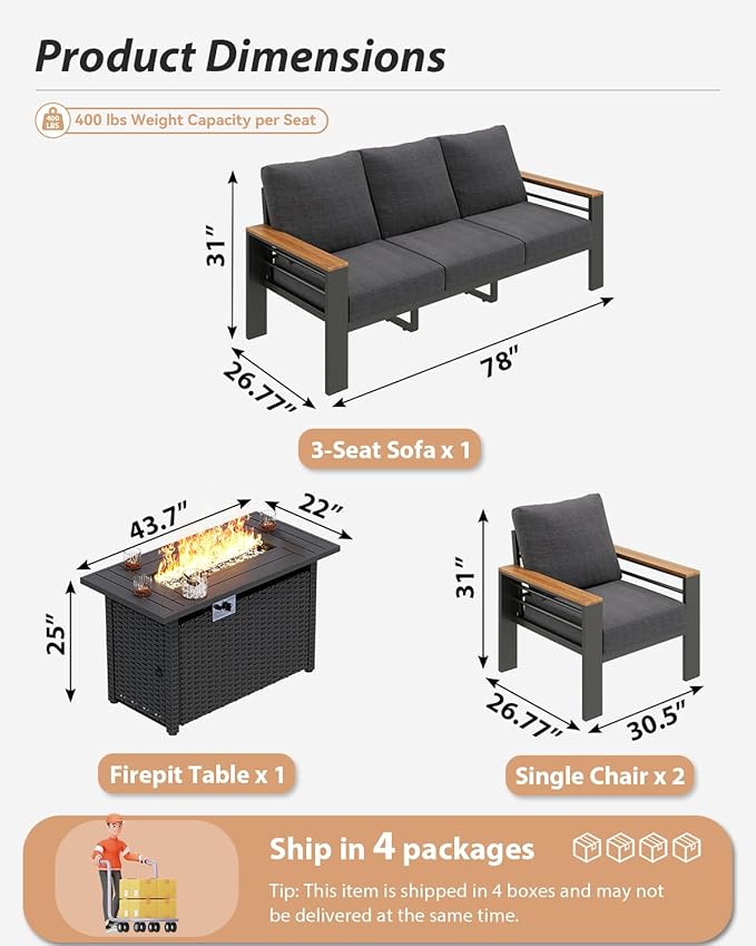Aoxun Aluminum Outdoor Patio Furniture Set, 5-Piece Outdoor Sectional with 44'' Propane Gas Firepit Table, Patio Conversation Sets with Upgraded Armrests and Cushions for Backyard (Dark Grey,4 Seats)