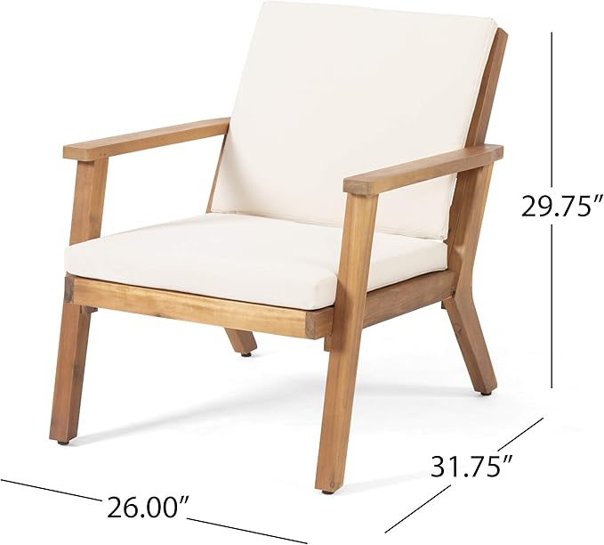 Christopher Knight Home Carlos Outdoor Acacia Wood Club Chairs with Cushions (Set of 2), Brown Patina Finish, Cream