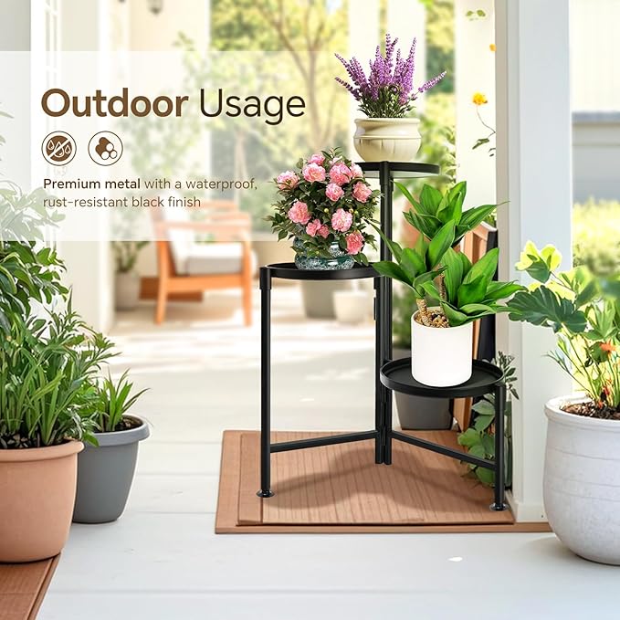 3 Tier Plant Stand Indoor, Metal Plant Shelf Outdoor, Foldable Corner Tall Plant Rack for Multiple Plants, Flower Pot Holder Display Stand for Living Room Patio Home Decor for Gardening