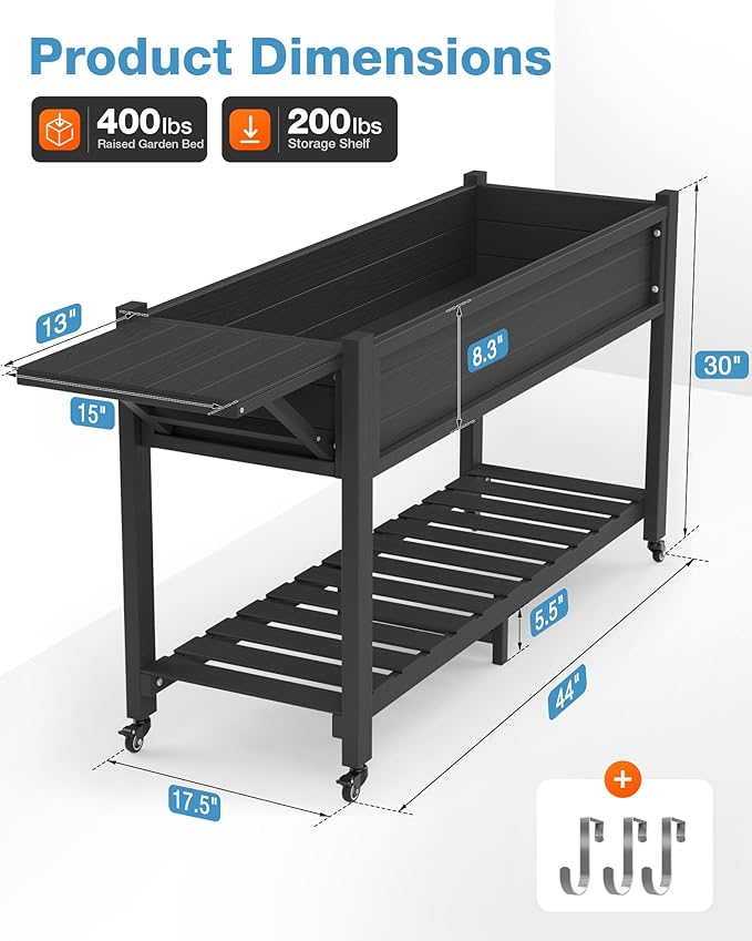 YEFU Raised Garden Bed with Legs: 57x18x30in Weight Capacity 400lb - Waterproof Raised Planter Box with Wheels - Elevated Garden Bed with Storage Shelf - Weather Resistant - for Deck/Patio/Porch/Black