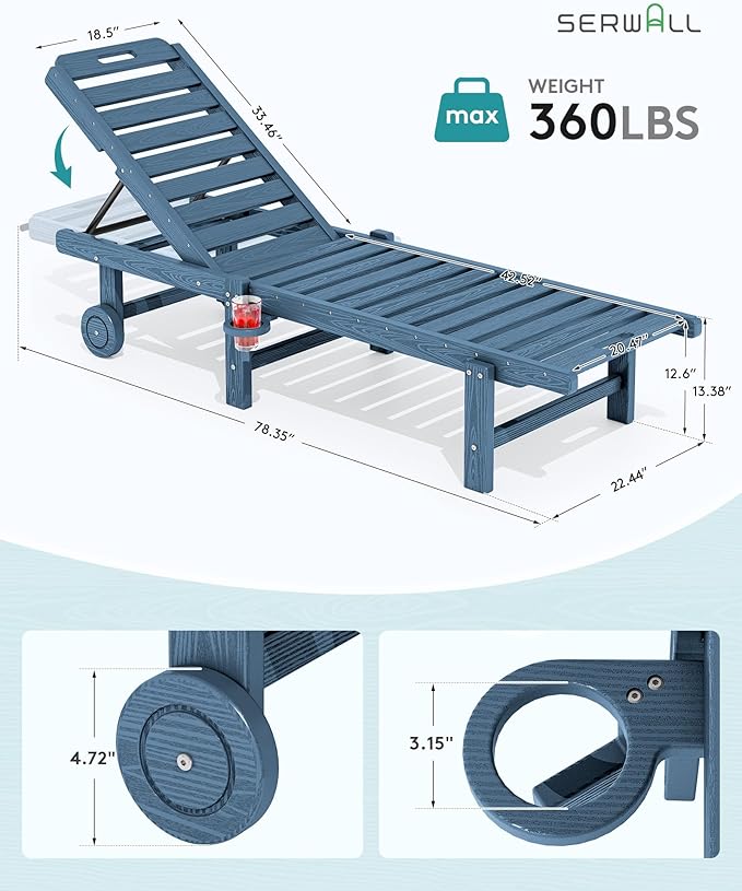 SERWALL Outdoor Chaise Lounge, Patio Chaise Lounge Chair with 5 Positions Adjustable Backrest, HDPE Lounger with Rolling Wheels & Cup Holder for Pool, Navy