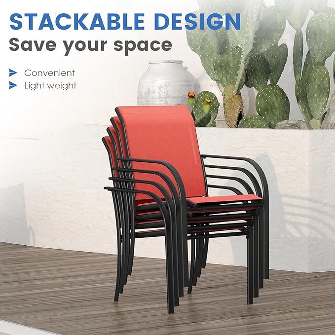 VICLLAX Large Patio Dining Furniture Set, Outdoor Dining Set for 10-60" Round Outdoor Table and Patio Stackable Chairs, Black Tabletop and Red Fabric