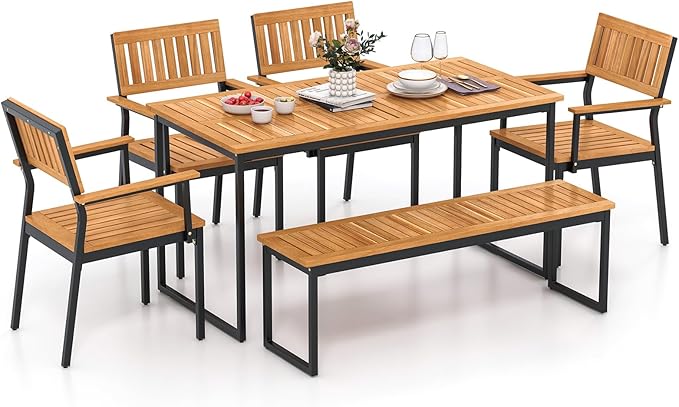 Tangkula 6 Pieces Outdoor Acacia Wood Dining Set, Patio Table and Chairs Set with Bench for 6-7 People, Outdoor Dining Furniture Set with 2" Umbrella Hole for Garden, Backyard and Poolside