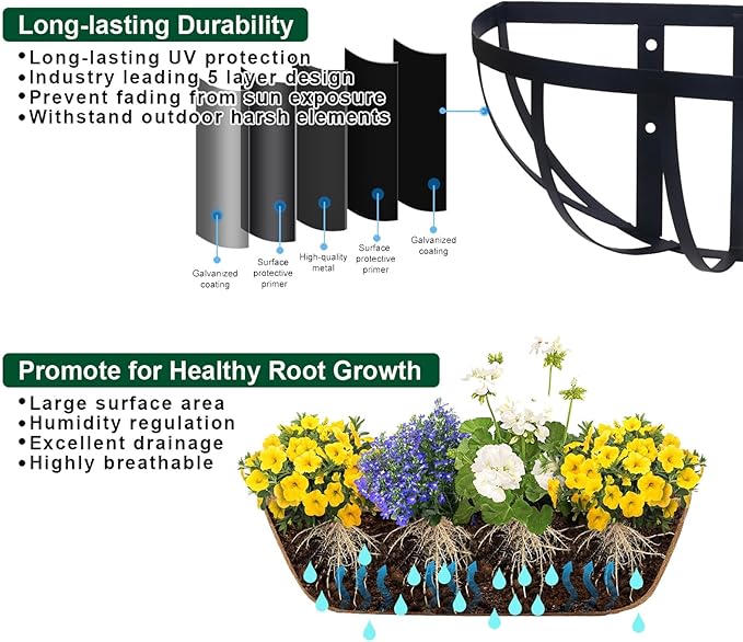 16'' Window Box Railing Planter with Coco Liner,2 Pack Horse Trough Planters Black Metal Hanging Flower Planters Basket for Porch Fence Patio Indoor Outdoor Lawn