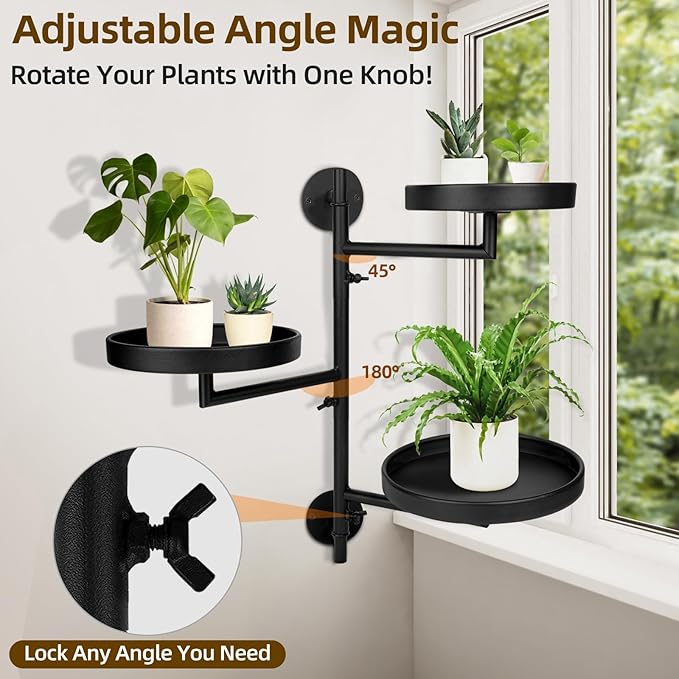 Rotating Window Plant Shelves with Adjustable Knobs, 3 Tiers Metal Wall Shelf for Plants Indoor, Sturdy Hanging Plant Holder, Window Wall Decor & Gardening Gifts (Black)