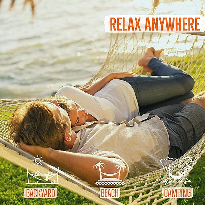 Castaway Living 13 ft. Double Traditional Hand Woven Oatmeal Polyester Rope Hammock – 2-Person, 450 lb Capacity, Free Extension Chains & Tree Hooks, Designed in The USA
