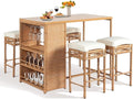 Outvita 5-Piece Outdoor Bar Set, Wicker Rattan Bar Height Patio Set w/4 Cushion Bar Stools & Table with Hidden Storage, Outdoor High Top Table and Chairs Set for Backyard, Balcony, Garden and Poolside