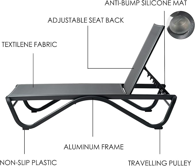 Kozyard Outdoor Chaise Lounge Chair, Full Flat Adjustable Patio Lounger with Aluminum Frame & Resin Legs, Textilene Fabric for Poolside, Backyard & Beach (Gray, 2Chairs)