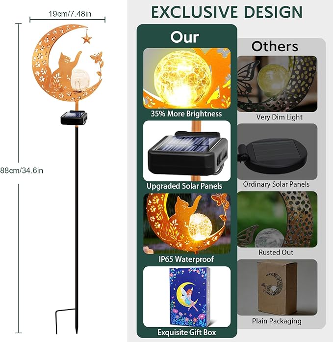 ZNYCYE Solar Lights Outdoor Decorative Moon Cat Butterfly Solar Stake Lights Birthday Gifts for Women mom Grandma, Garden Decor Waterproof for Walkway, Yard, Lawn, Patio (Warm White)
