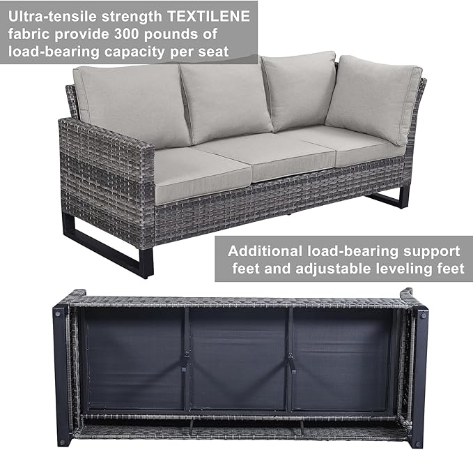 Belord Outdoor Sectional Sofa 6 Seater L Shaped Couch Wicker Patio Conversation Furniture Set with Tree-Grain Finish Metal Dining Table, Rattan Outdoor Furniture with Removable Washable Cushion Beige