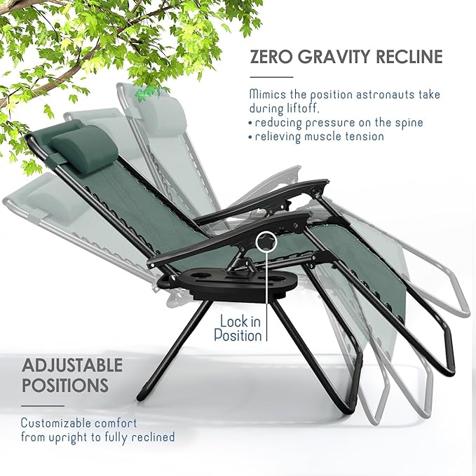 Nestl Zero Gravity Chairs Set of 2, Patio Lounge Chair Outdoor with Pillows & Cup Holder Trays, Adjustable Steel Mesh Reclining Camping Chair, Folding Patio Lawn Chair for Deck, Beach - Forest Green