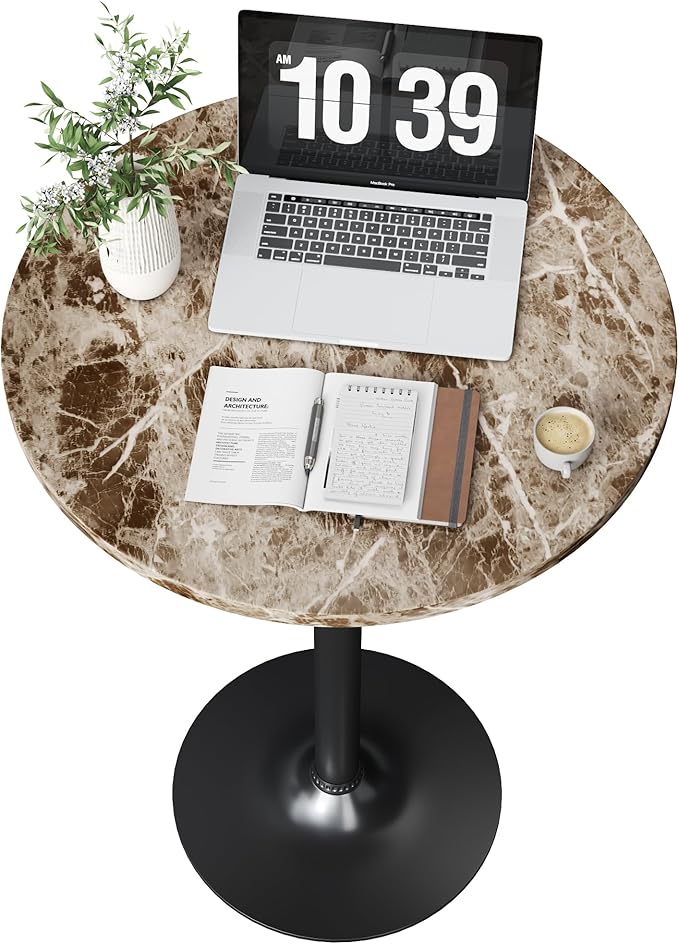 Flamaker Round Bistro Pub Table Modern Style Metal Base MDF Top Cocktail Bar Table Counter Bar Height for Pub, Dining Room, Party (1, Marble-Black)