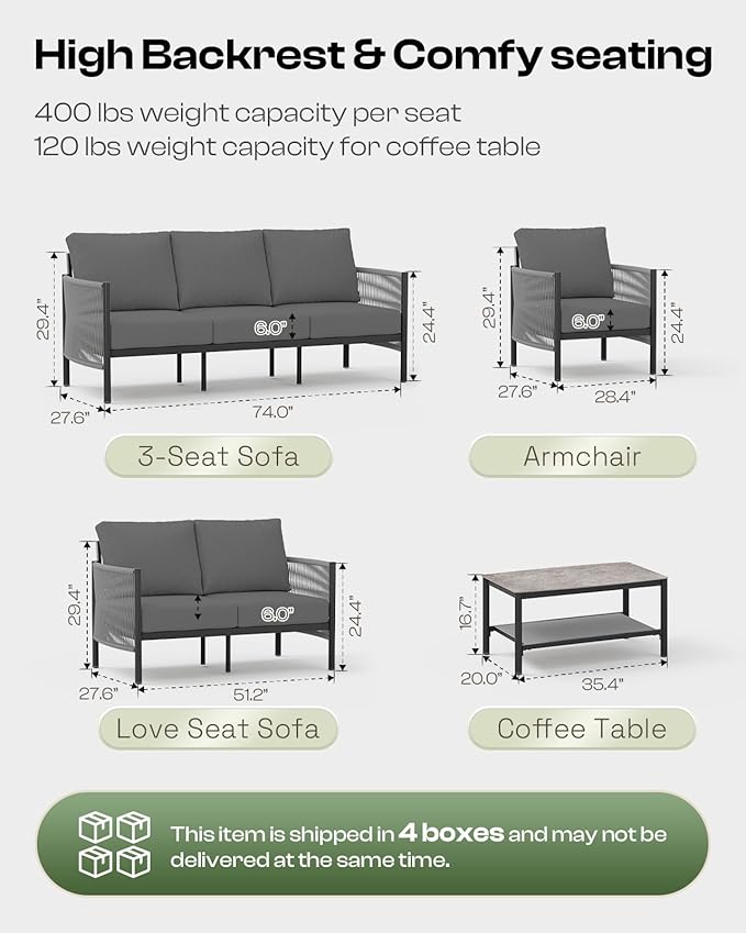 Aluminum Outdoor Patio Furniture Set with Dual-Layer Coffee Table, 5 Piece Modern Patio Conversation Sets with PE Rope, Outdoor Sectional Sofa with Thick Cushions for Balcony, Deck, Charcoal