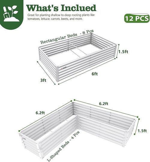 A ANLEOLIFE Set of 12, 18 Inch Tall Raised Garden Beds Kit, Rectangular & L-Shaped Combo Metal Planters – Ideal for Backyard DIY Creative Layouts, Antique White
