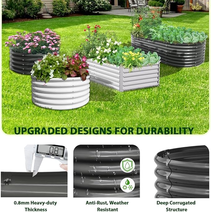 A ANLEOLIFE 12-Set 8X4X2 ft Galvanized Raised Garden Bed Kit, Oval Metal Deep Root Planters for Outdoor Plants, Quartz Grey