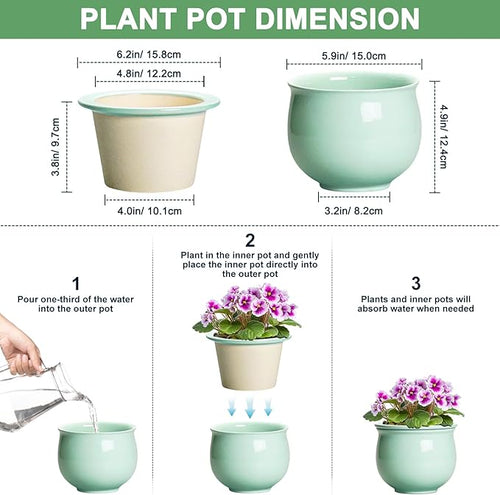 6 Inch African Violet Pots, Ceramic Self Watering Planter with Absorbent Inner Pot, Round Pots for Indoor Plants Outdoor, Ceramic Flower Pot, Office Decor, Plant Lover Gifts, Mint Green