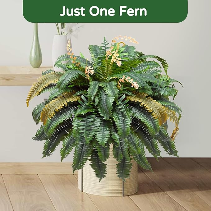 Large Autumn 88 Leaves Artificial Ferns for Outdoors Look Real, Fake Large Faux Boston Ferns for Outdoor Planter Realistic UV Resistant Artificial Fake Plants for Porch Patio Hanging 47 inch