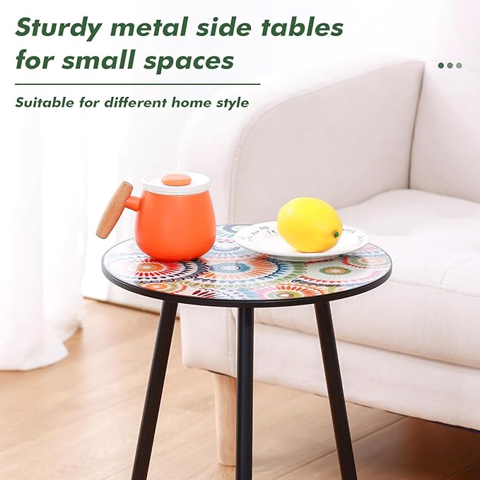 Party Zealot Metal Mosaic Round Side Table Set of Two 13.4" Small Outdoor Patio Round Accent Coffee Tables Indoor Corner Stand for Small Space Weather-Resistant for Balcony Plant Stand