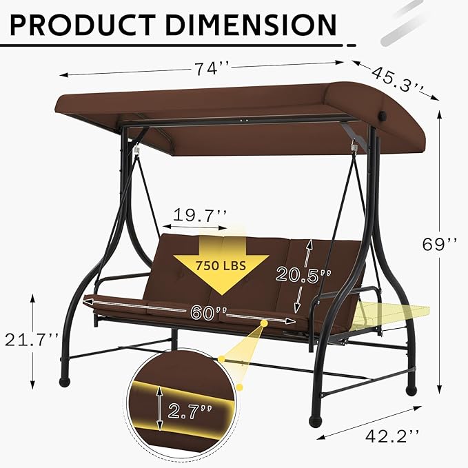 U-MAX Porch Swing Chair with Adjustable Backrest&Canopy, 3 Seat Patio Swing with Canopy 2-in-1 Convertible Outdoor Swing with Canopy Patio Daybed with Removable Brown Cushions for Adults