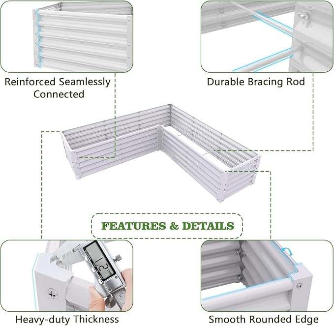 A ANLEOLIFE Set of 8, 18 Inch Tall Antique White Raised Garden Beds Kit, L-Shaped & Square Metal Planters – Ideal for Structured Backyard Layouts
