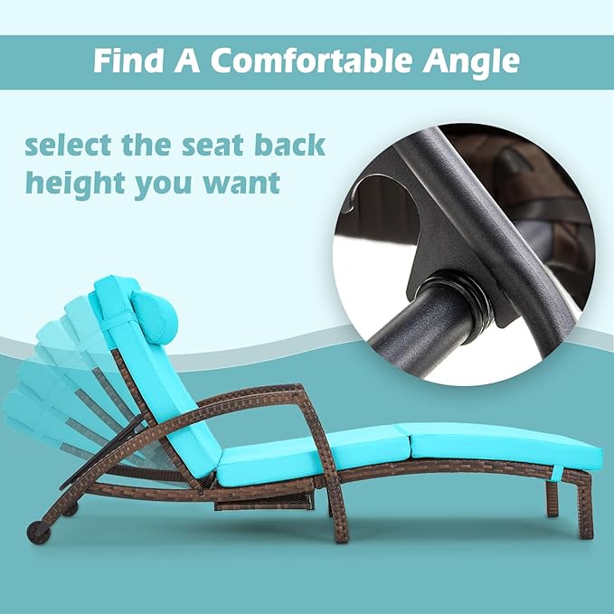 Chaise Lounge Chairs Outdoor Set of 4, Comfy Outside Wicker Patio Pool Lounge Chair w/ 5 Adjustable Back Angle, Cup Holder, Thicken Cushion