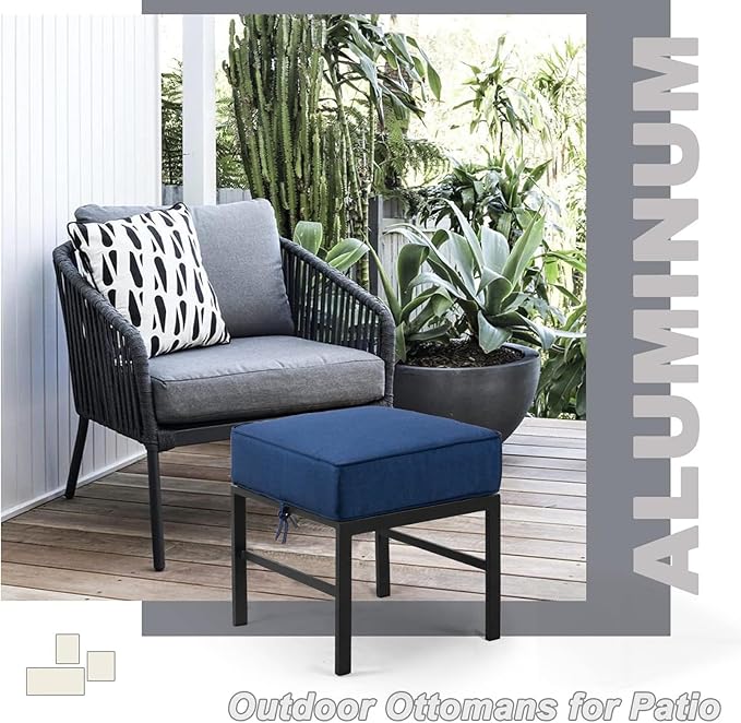 2 Pieces Outdoor Patio Ottomans, Assembled Aluminum Outdoor Ottoman with Blue Cushions, Aluminum Small Outdoor Foot Stools for Patio Porch Yard Garden Deck, Black Frame