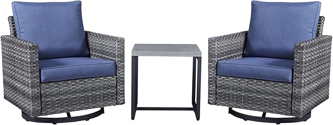 Belord Outdoor Bistro Set 3 Piece Wicker Swivel Rocker Patio Chairs, Oversize Outdoor Rattan Seating Set, Patio Swivel Glider Chairs Wicker Furniture with Metal Side Table for Outside Porch Backyard