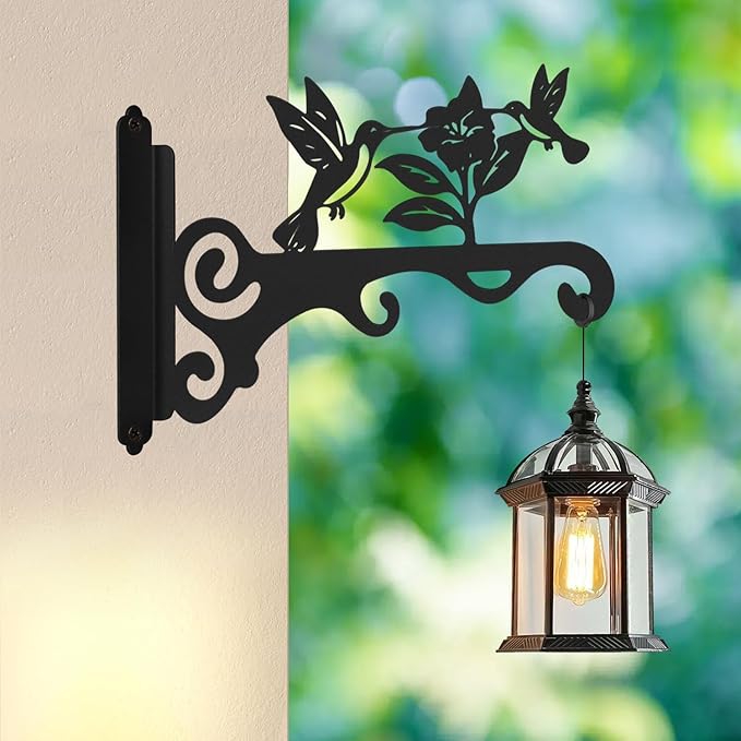 Elegant Bird Pattern Wall Hooks - 10/12/14 Inch Metal Plant Hangers for Indoor & Outdoor - Rust-Resistant Bracket for Plants, Feeders, Chimes, Lanterns (4, Black, 10 inch)