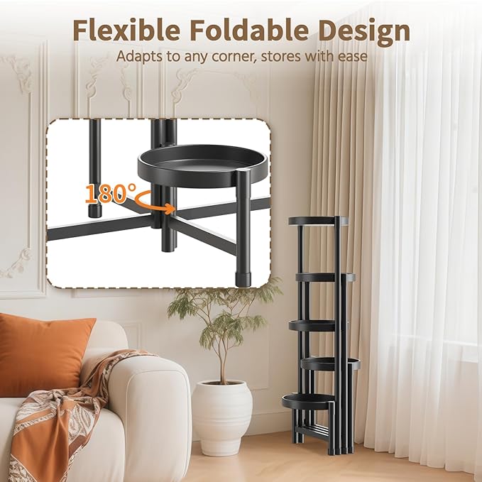 LASZOLA 5 Tiered Folding Tall Plant Stand Indoor for Multiple Large Planter, Heavy Duty Metal Adjustable Flower Rack for Narrow Corner, Sturdy Vertical Spiral Shelving Holder for Modern House, Black