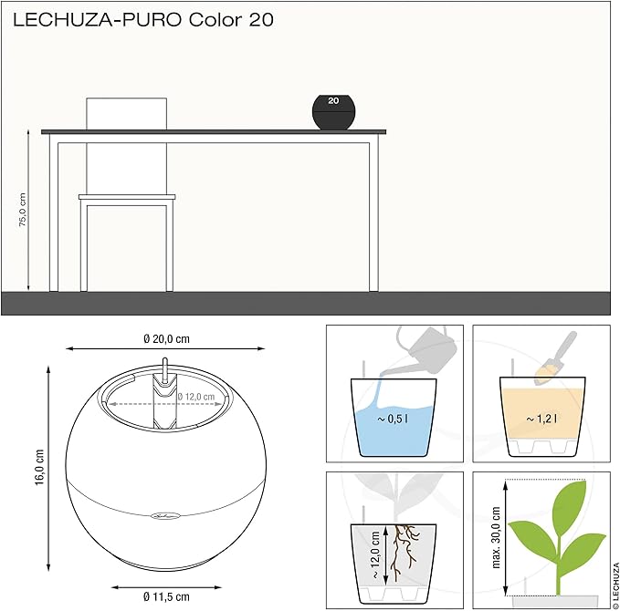 Lechuza Puro Color 20 White, Self-Watering Small Indoor Planter, D7.9 H6.3 in