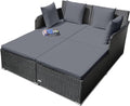 RELAX4LIFE Rattan Patio Outdoor Daybed, Wicker 2-Person Sunbed Loveseat with Soft Cushions, 4 Pillows, Curved Backrest & Armrest, Double Bed Lounger Sofa Set for Balcony Porch, Patio Bed (Grey)