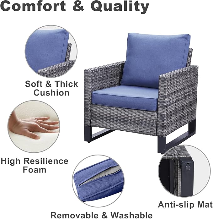 Belord Wicker Patio Furniture 5 Piece Outdoor Sofa Set, Oversize Outdoor Dining Chairs with Rattan Ottomans, Conversation Sets Patio Furniture Come with Removable Washable Cushion Blue