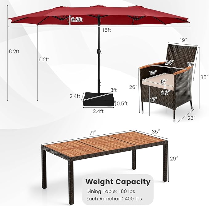 Tangkula 11 Piece Rattan Outdoor Dining Set with 15Ft Patio Umbrella for 8, Outdoor Wicker Table Set with 8 Cushioned Armchairs, Acacia Wood Top, Outdoor Umbrella with Base Included