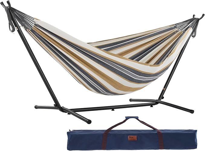 Vivere Double Cotton Hammock with Space Saving Steel Stand, Upgraded Polyester End Strings 450 lb Capacity - Premium Carry Bag Included - (Desert Moon)
