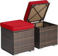 RELAX4LIFE Wicker Outdoor Storage Ottoman, 2-Piece Rattan Footstool w/Removable Cushion, Multipurpose Footrest Stool Side Table Additional Seating, Set of 2 Outdoor Ottomans for Patio Deck (Red)