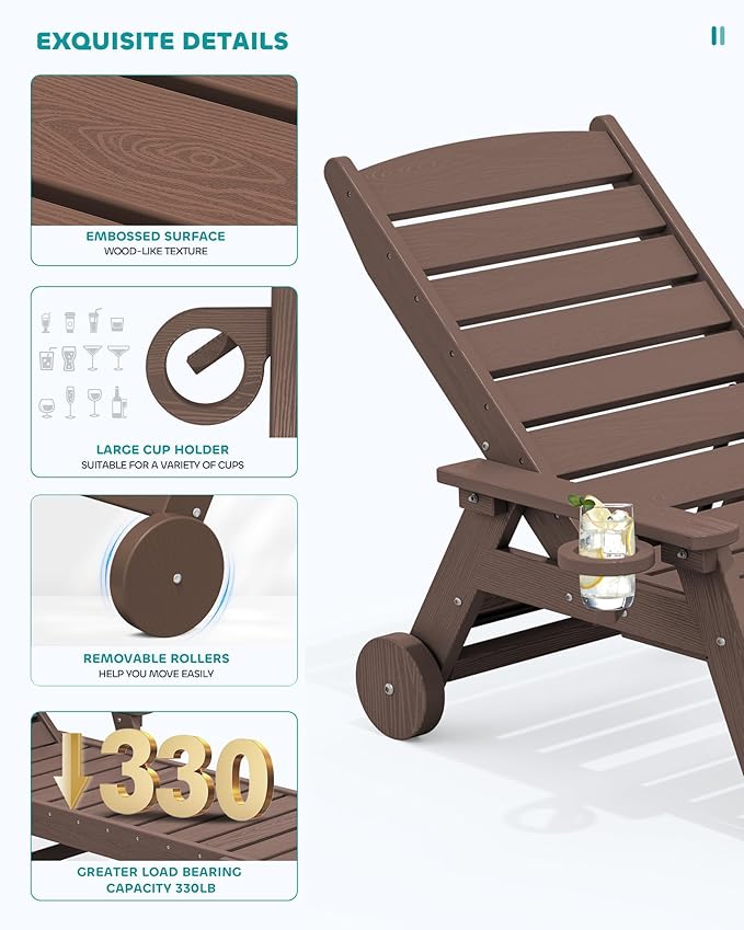 SERWALL Patio Chaise Lounge Chair, 78'' Long HDPE 5 Positions Adjustable Outdoor Lounger, Poly Lounge Chair with Rolling Wheels & Cup Holder for Pool, Coffee Brown