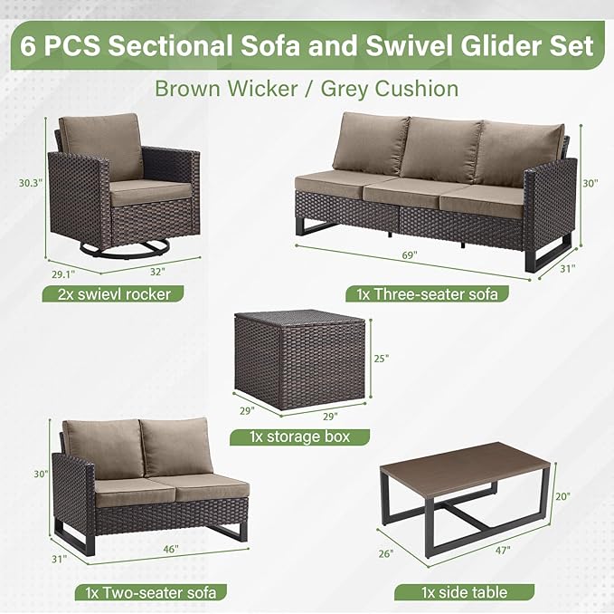 Belord Family Reunion Patio Conversation Set - 6 Piece Outdoor Sectional Furniture Set with Storage Box and Wicker Swivel Glider Chair Set of 2,Removable Gray Cushions for Deck Backyard Sunroom