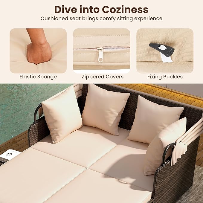 ORALNER Outdoor Daybed, 2-Person Wicker Patio Sofa with Retractable Canopy, Cushions & Pillows, 2 Side Trays, PE Rattan Double Sunbed for Deck Poolside Garden Balcony Backyard (Beige, Mix Brown)